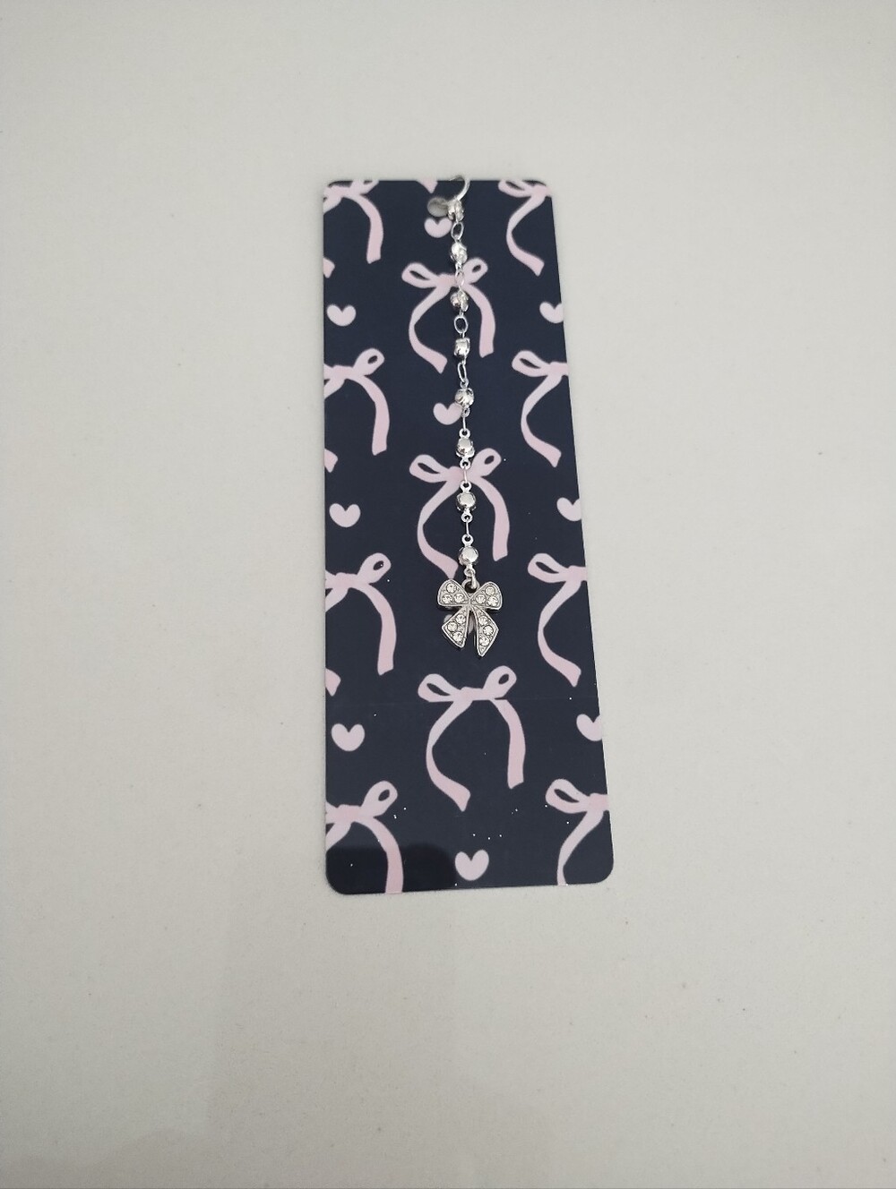 Bow Charm Black and Pink Metal Bookmark- Silver Crystal Bow Design